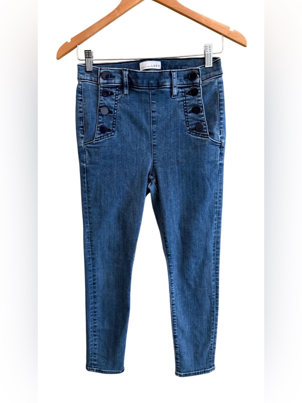 LOFT Slim High-Rise Skinny Jeans in Medium Blue with Button Detail